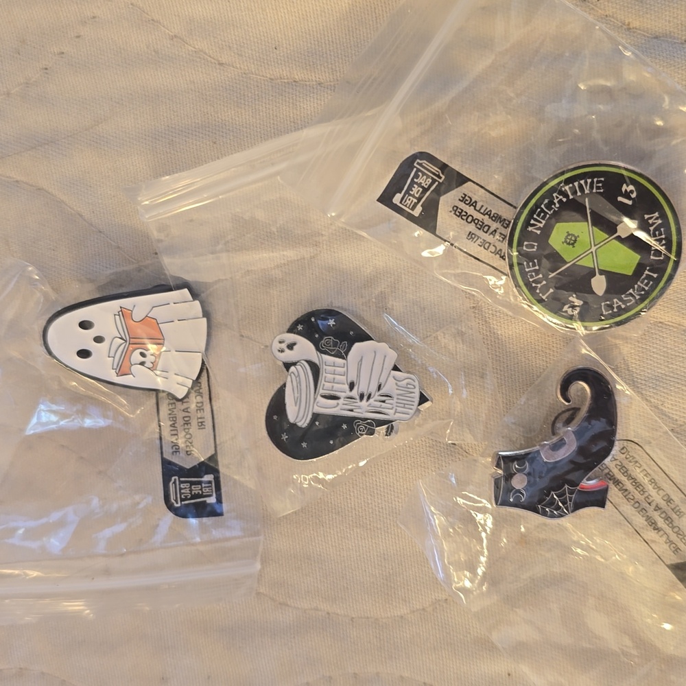 4 Halloween Ghost, Casket, Witch, Coffee Enamel Tac Pin Set NWT